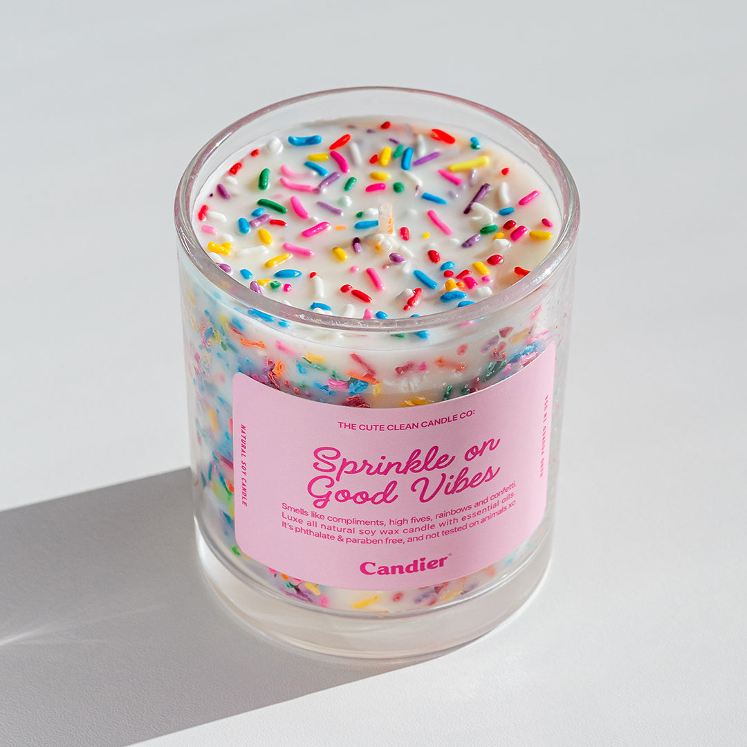 Candier Sprinkle On Good Vibes vanilla scent candle – Luxury candles with soy wax, and a cozy sweet gourmand fragrance. Unique gifts for women