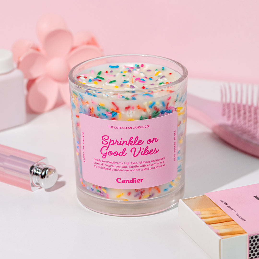 Candier Sprinkle On Good Vibes vanilla fragrance candle – Hand-poured soy wax with creamy gourmand fragrance, and fun candy sprinkles