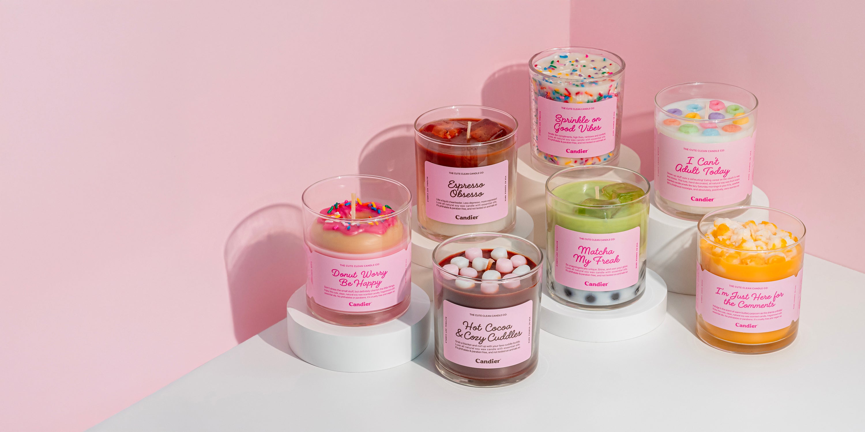 Candier Sweet Treat Dessert Candles Collection – a fun, luxury scented candle set inspired by trendy food and drinks. These fancy candles are hand-poured in the USA, made with clean fragrance, and perfect for gifts for women, birthday gifts, and self-care gift baskets.