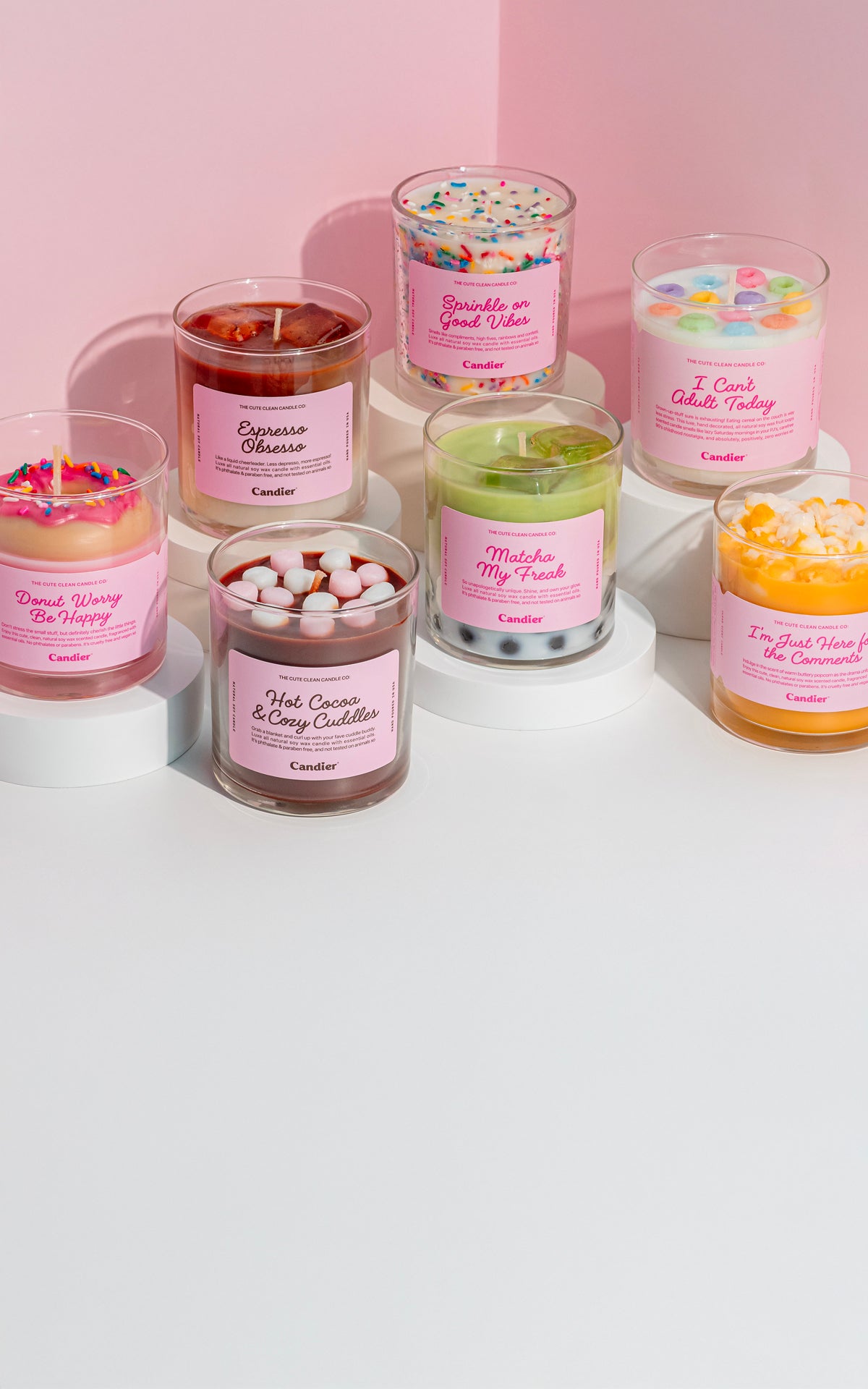 Aesthetic dessert candles from Candier – featuring donut, matcha latte, hot cocoa, and cereal-inspired scents. These cute candles are perfect for pretty girl aesthetic lovers, trendy gifts for women, and luxury scented candle collectors.
