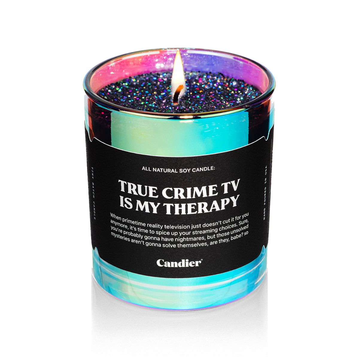True crime TV themed Halloween candle with sparkling plant based glitter perfect for spooky season decor