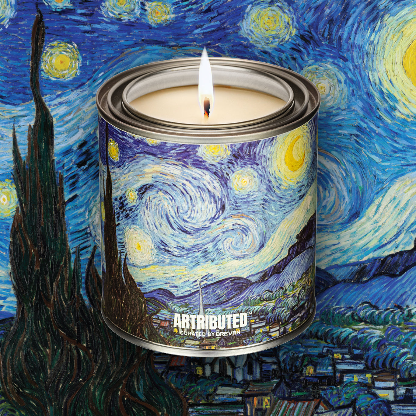 A lit fine art candle inspired by Vincent van Gogh's Starry Night, wrapped in a high quality reproduction of the famous painting, with a background also filled with the famous artwork