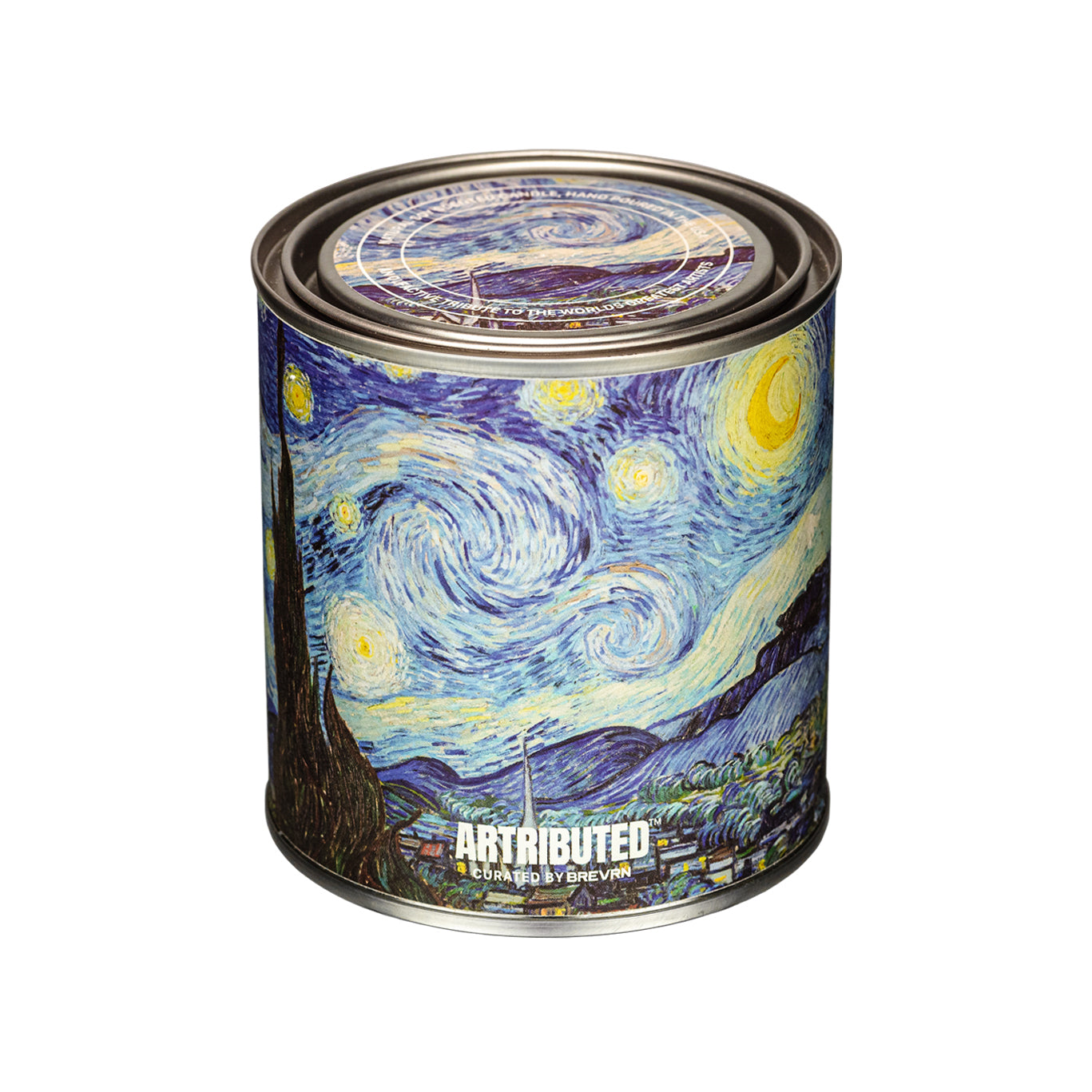 Fine art candle inspired by Vincent van Gogh's Starry Night, wrapped in a high quality reproduction of the famous painting