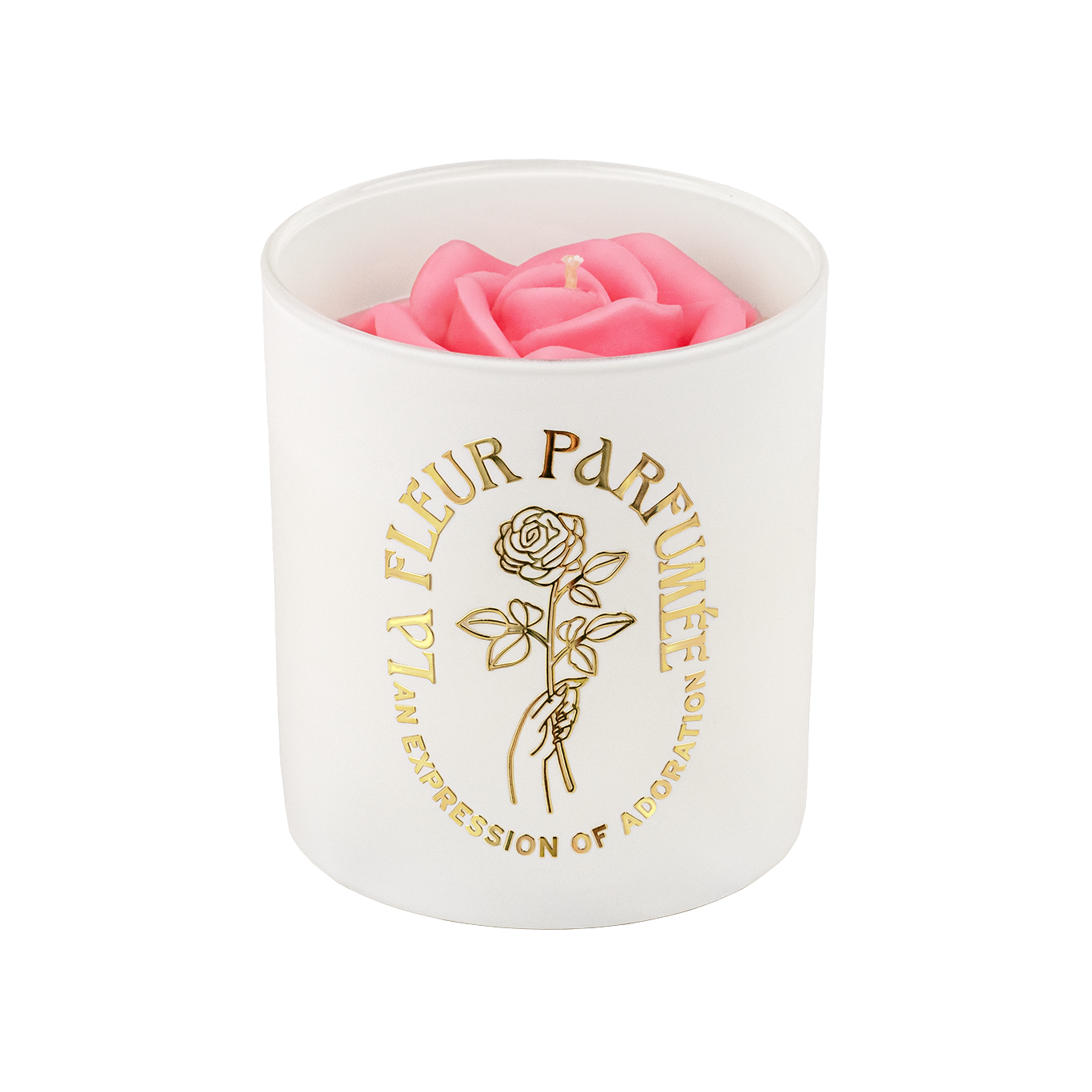 An elegant luxurious ivory white candle with a gold emblem that reads La Fleur Parfumée An Expression of Adoration, and is topped with a light blush pink sculpted wax rose