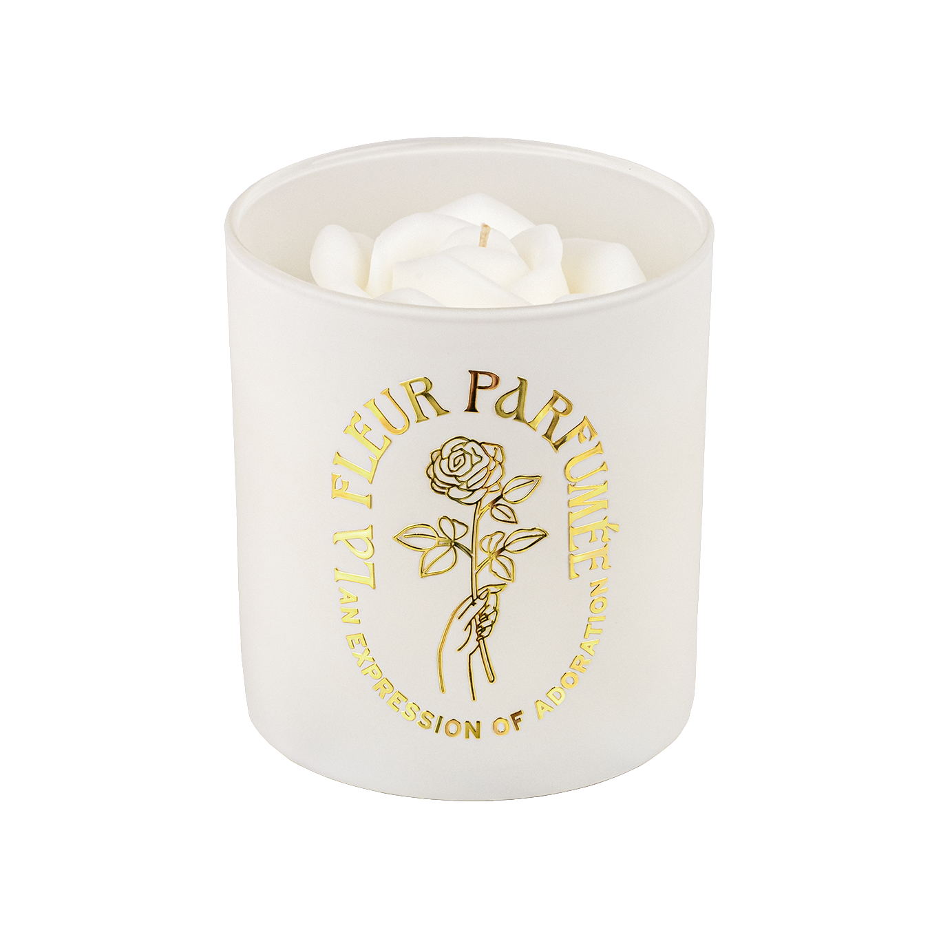 An elegant luxurious ivory white candle with a gold emblem that reads La Fleur Parfumée An Expression of Adoration, and is topped with an ivory white sculpted wax rose