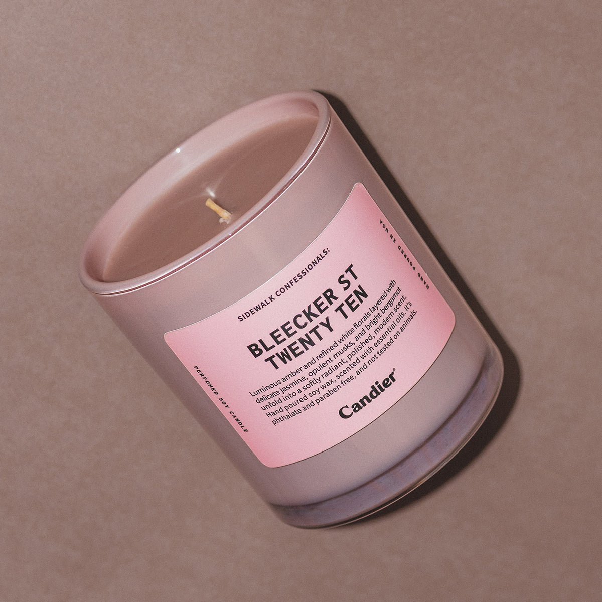 Candier Bleecker St Twenty Ten candle angled shot, luxury candles NYC candle with floral musk scent