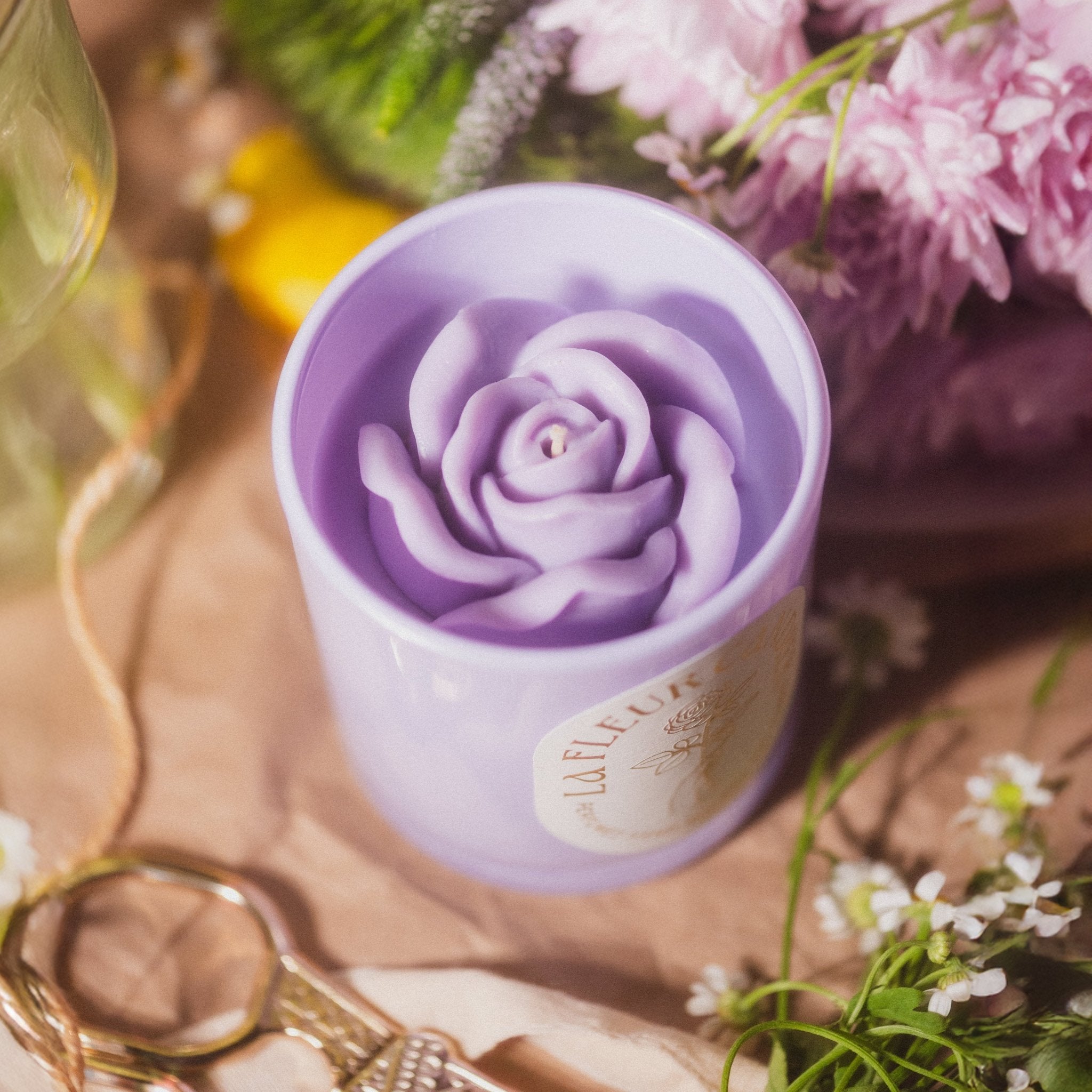Candier candles flower candle styled with blooms and soft textures, a floral candle and cute gift for her with aesthetic decor