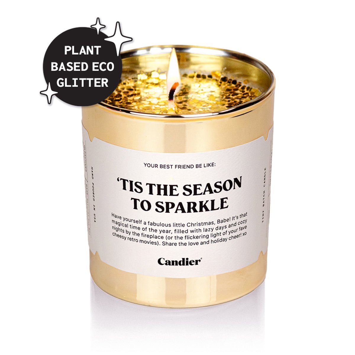 Candier ’Tis The Season To Sparkle — gold jar cinnamon candle with plant-based eco glitter; festive christmas scented candles favorite and best Secret Santa gifts pick.