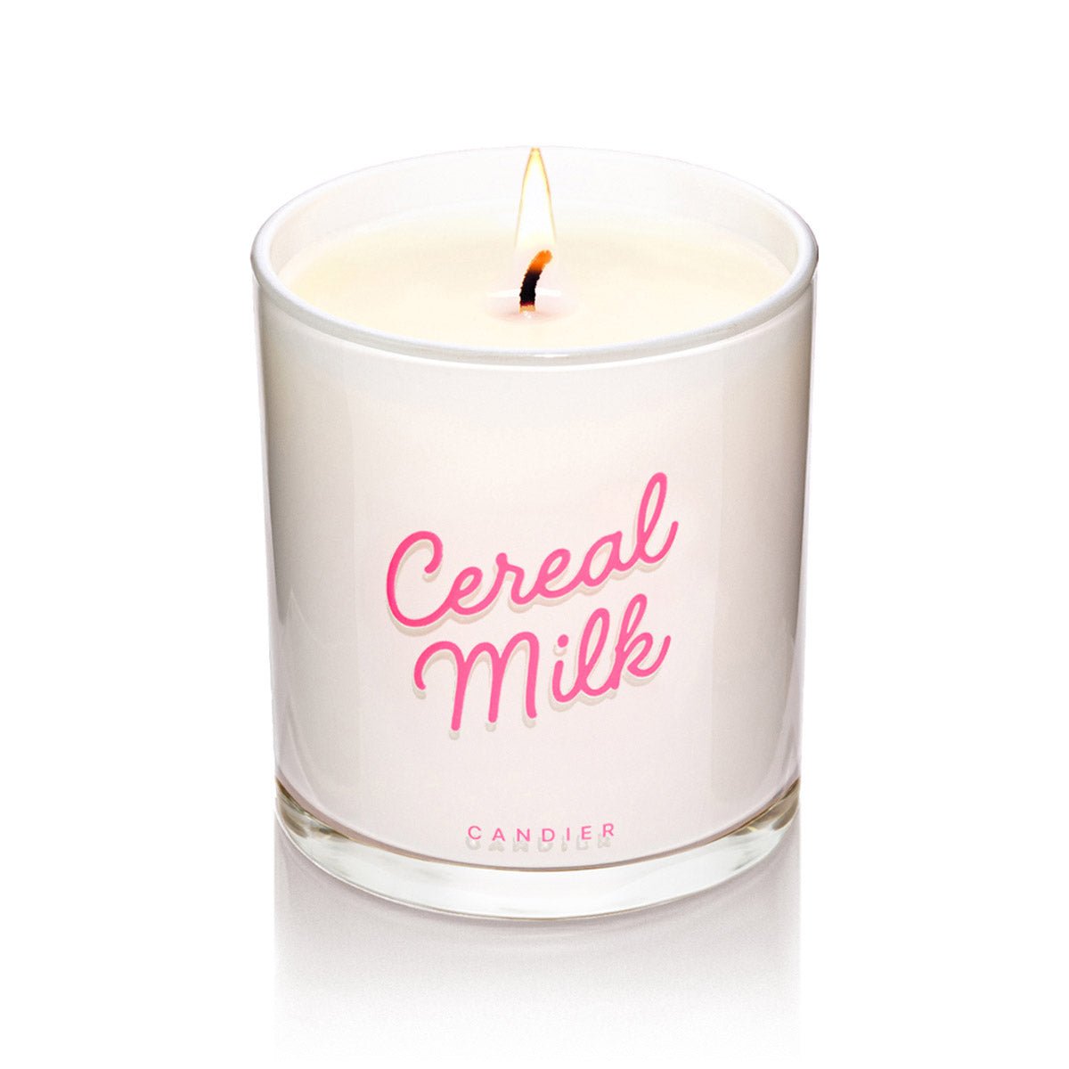 Candier® Cereal Milk Candle, a luxe pink candle inspired by fruit loop candles and cereal bowl vibes. A sweet scented candle that doubles as cute room decor.