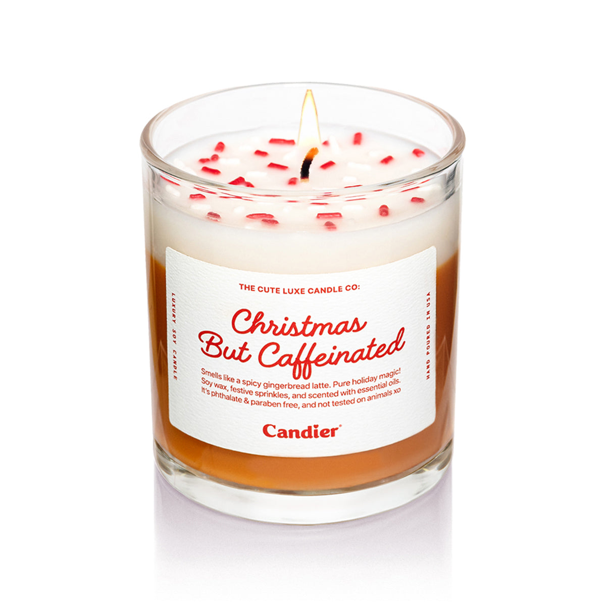Christmas But Caffeinated Candle front view — cozy gingerbread latte scented coffee candle, cute Christmas gift for coffee lovers and best gifts for teen girls.
