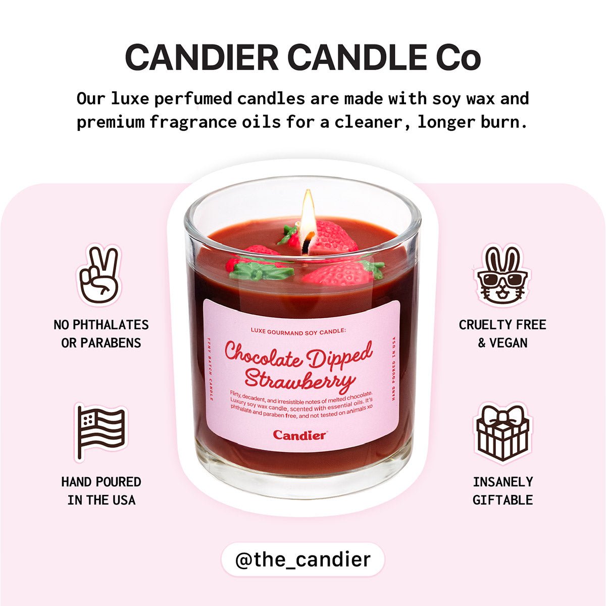 Candier clean dessert candles made in the USA featuring soy wax, cruelty-free ingredients, phthalate-free fragrance, and premium craftsmanship