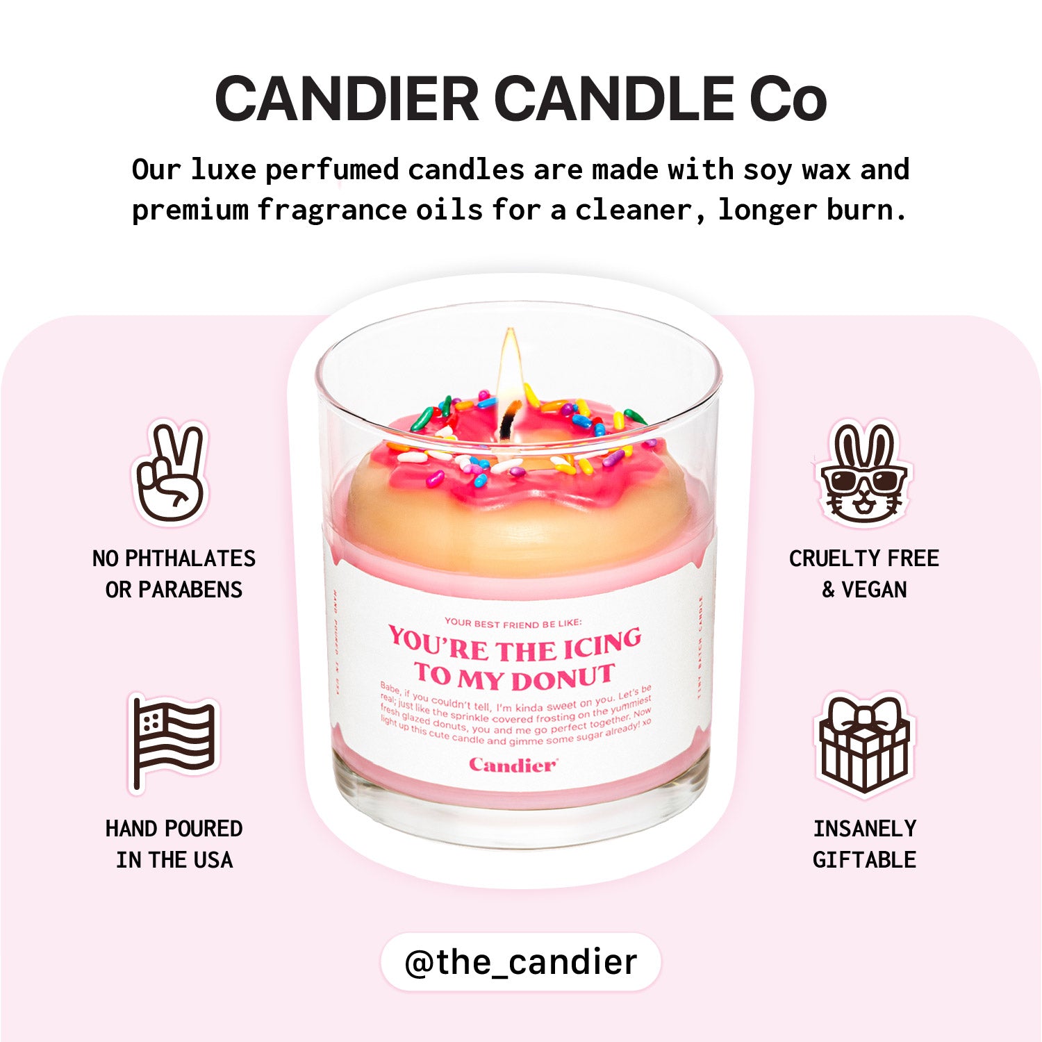 Candier clean dessert candles made in the USA featuring soy wax, cruelty-free ingredients, phthalate-free fragrance, and premium craftsmanship