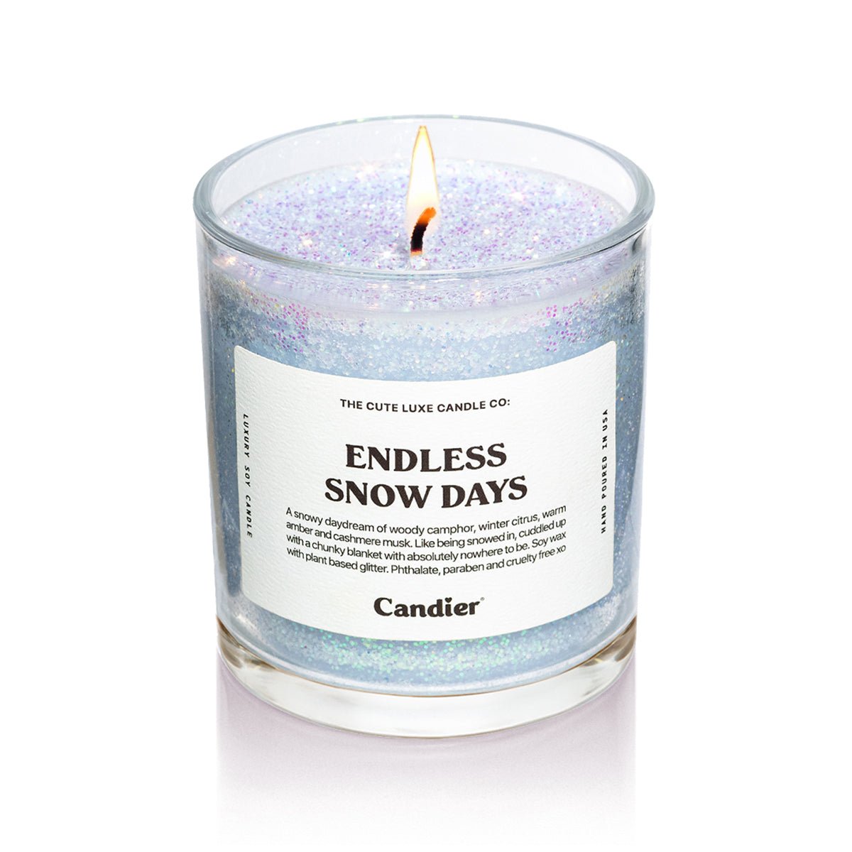 Endless Snow Days by Candier candles—glittery winter lux candle in clean soy; Christmas scented candles and cute candles perfect for best Secret Santa gifts and thoughtful Hanukkah gifts.