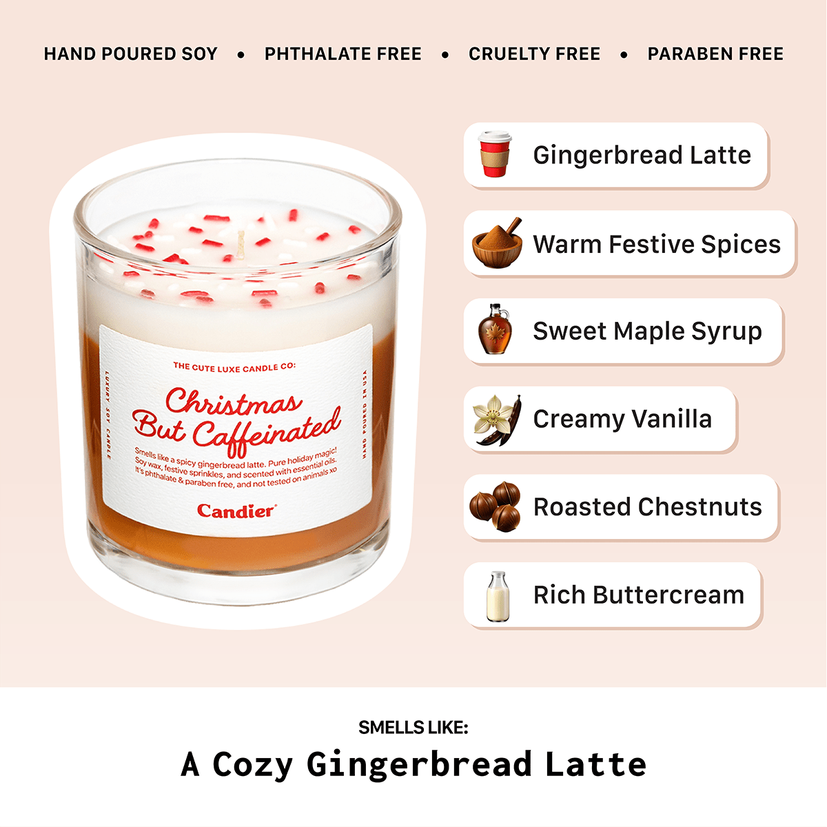 Candier gingerbread latte coffee candle label — best coffee candle and unique Christmas gift for women who love cozy dessert candles.