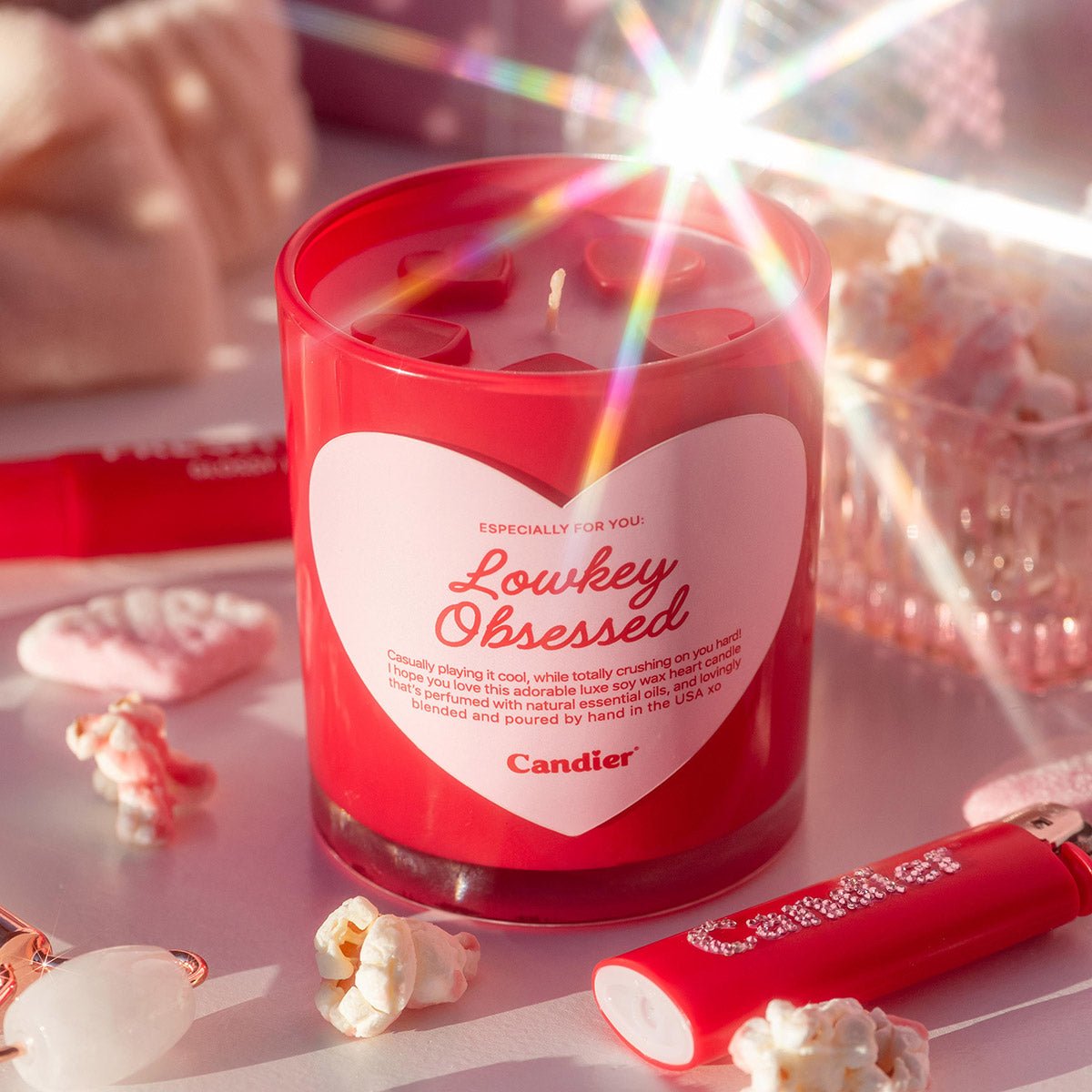 Candier Lowkey Obsessed romantic candle styled in a Valentine setting, a fruity gourmand candle and thoughtful gift idea for women