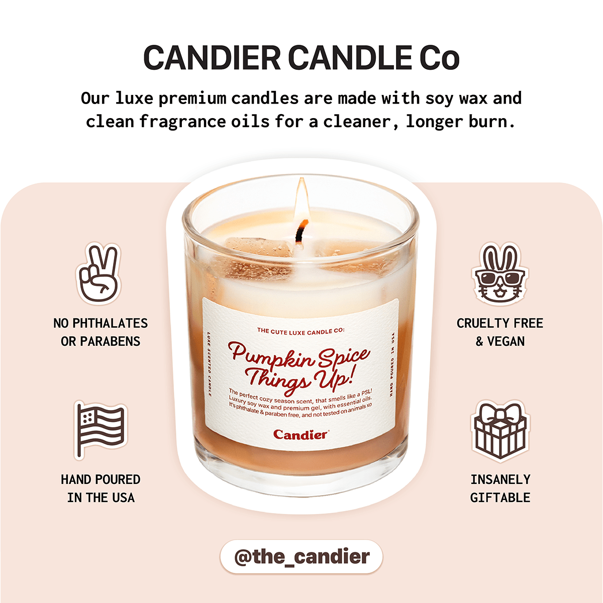 Candier luxe pumpkin spice latte candle with clean ingredients, premium soy wax, cruelty free and phthalate free cozy fall candle