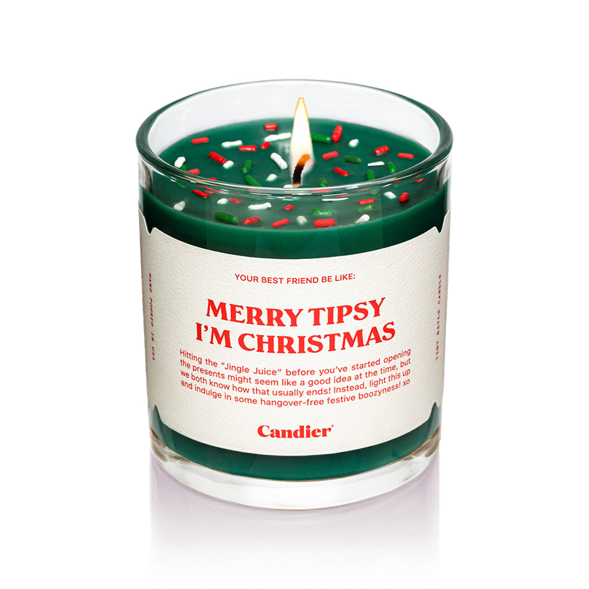 Candier “Merry Tipsy I’m Christmas” apple cinnamon funny candle — cozy Christmas scented candle; a Christmas candles favorite and great for best Secret Santa gifts.
