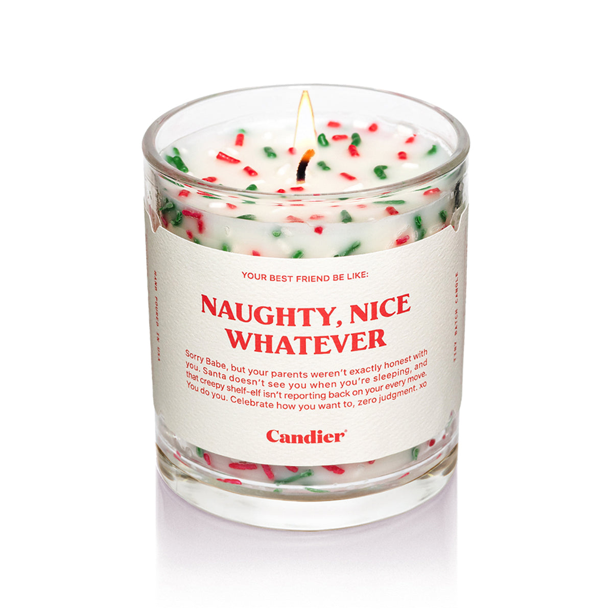 Candier candles “Naughty, Nice, Whatever” — peppermint mocha Christmas candle; clean soy lux candle and cute gift; best Secret Santa gifts pick.