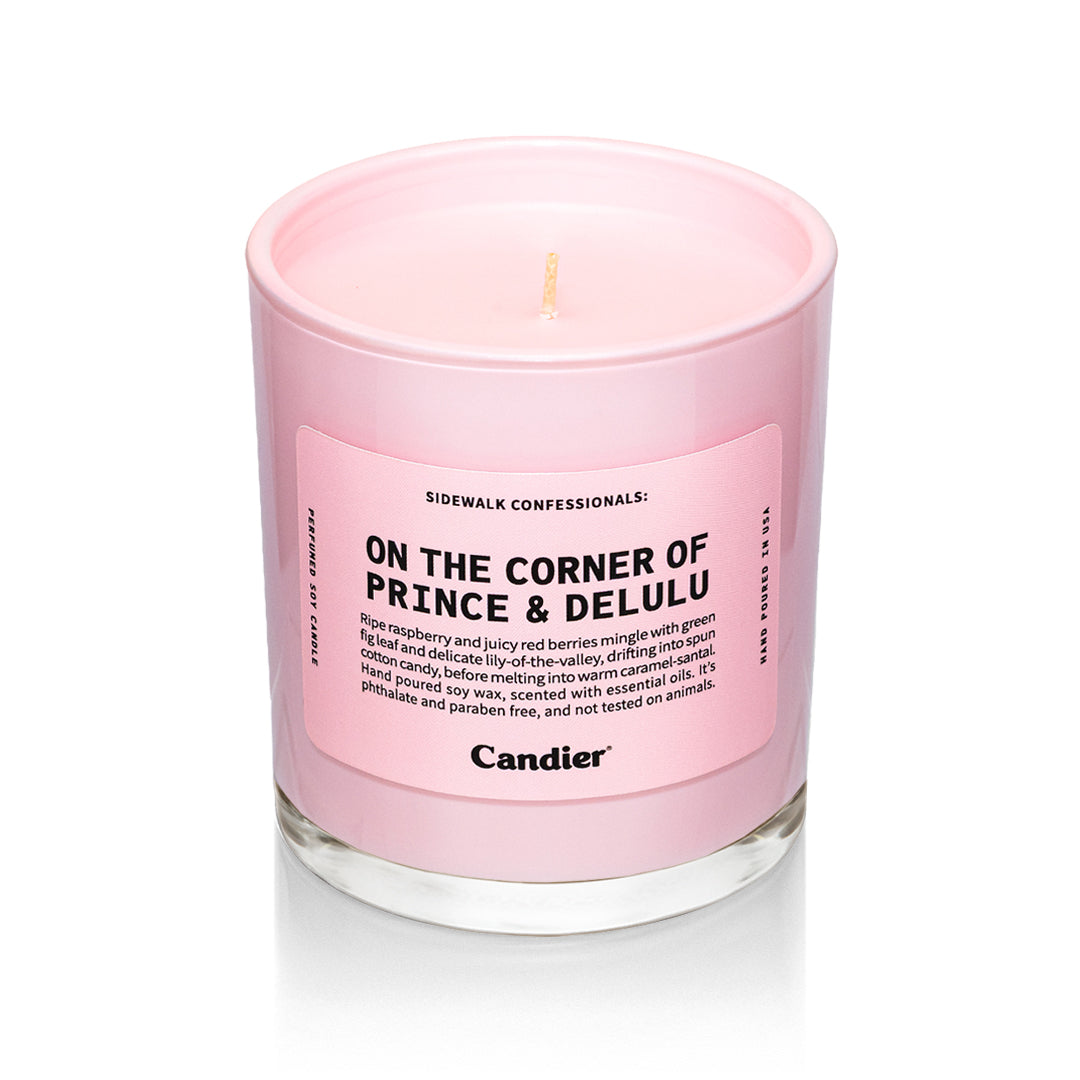 On the Corner of Prince and Delulu Candier candle, NYC candle with fruity gourmand fragrance, luxury candles with pink aesthetic
