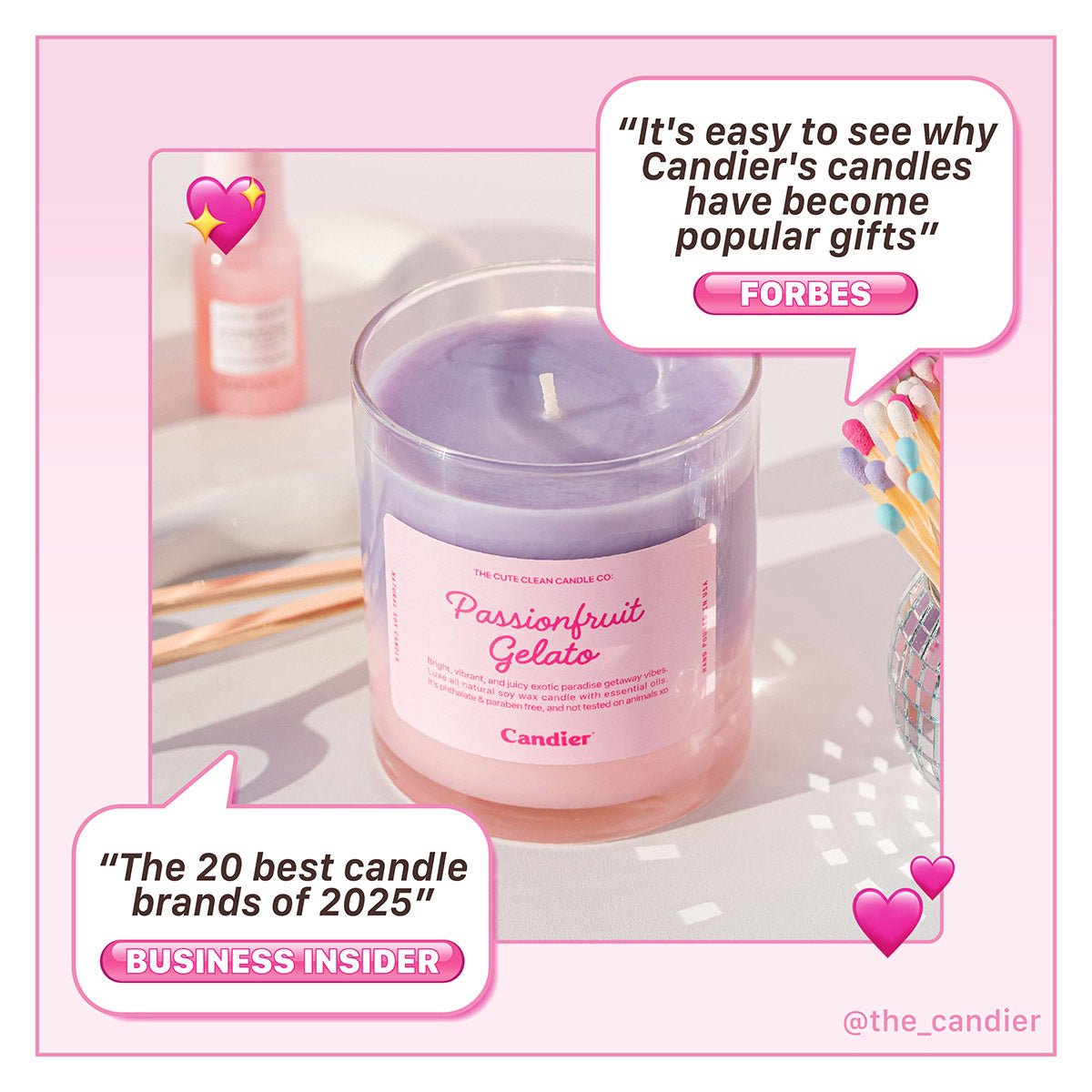 Candier Passionfruit Gelato Candle highlighted in top gift picks with Forbes and Business Insider praise.