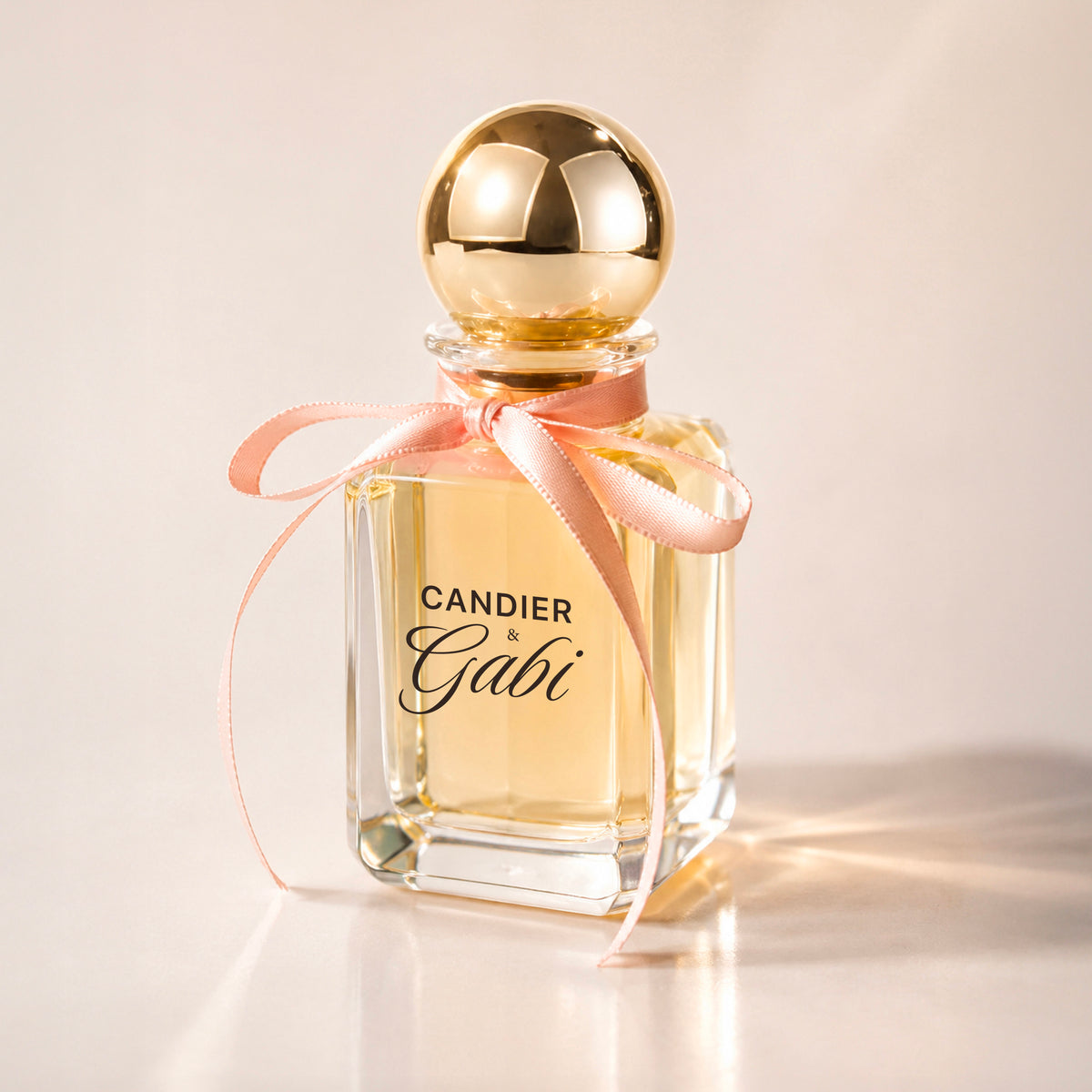 Front view of Candier x Gabi Pink Air perfume with a pink satin bow and spherical gold cap in warm studio lighting.