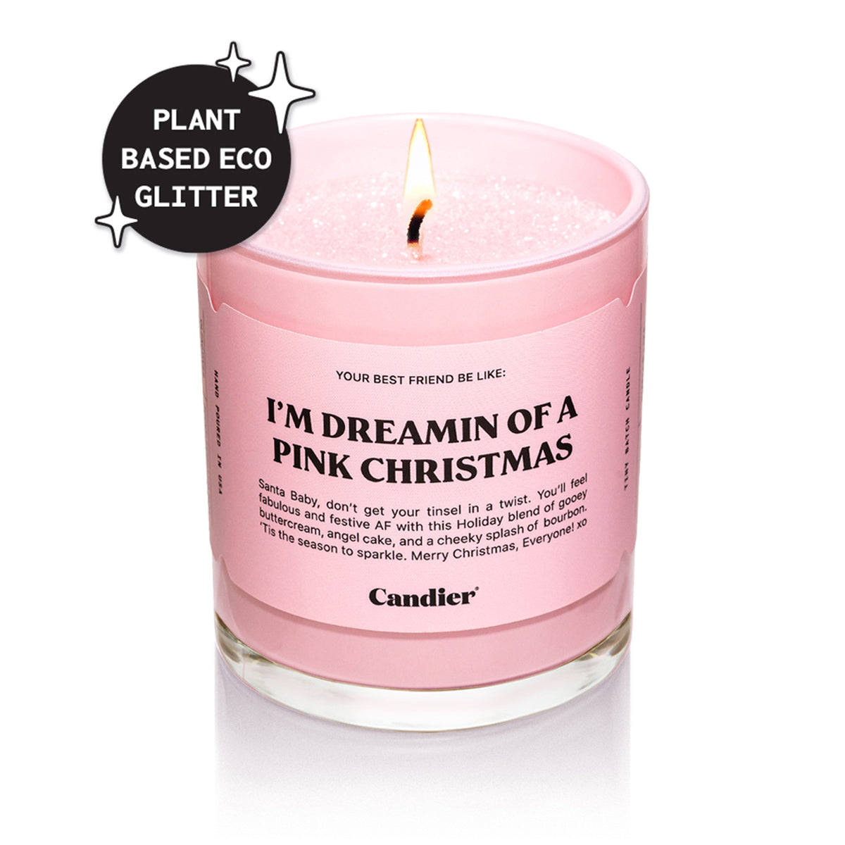 Front view of Candier pink Christmas candle with plant-based eco glitter — a cute candle and pretty gift for soft-girl aesthetic holiday decor.