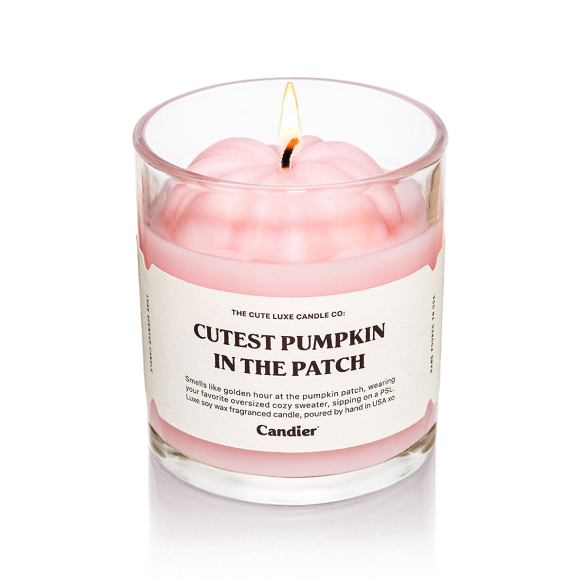 Candier Cutest Pumpkin in the Patch candle with pink pumpkin wax topper. Cozy sweater weather candle, luxe fall decor, and cute gift for friends