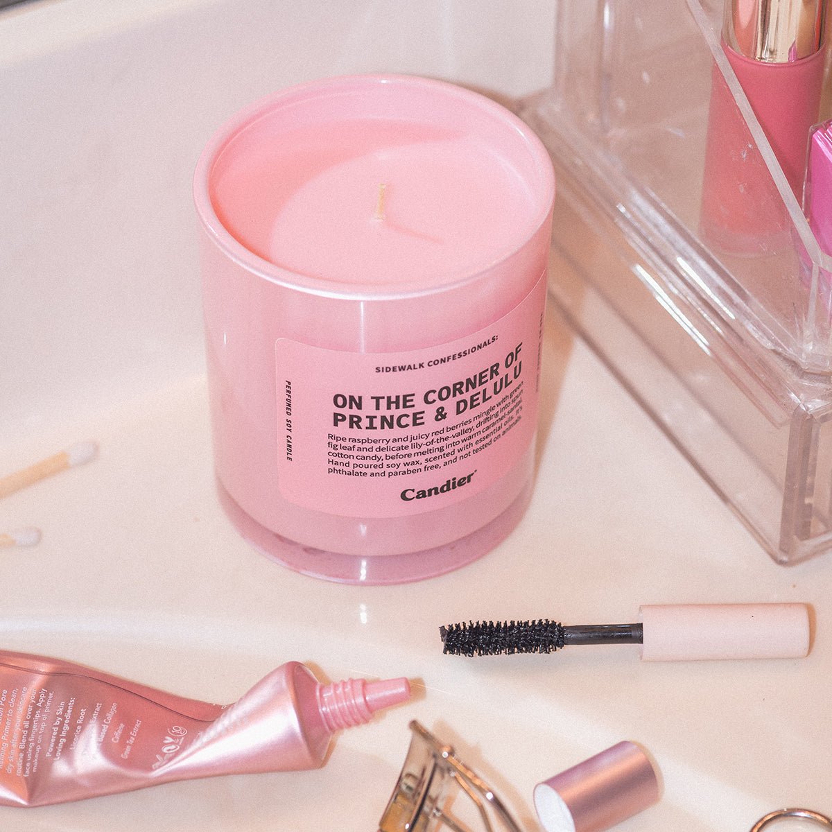 Candier On the Corner of Prince and Delulu candle on soft girl aesthetic dresser, NYC candle and cute gifts for her with pink candle look