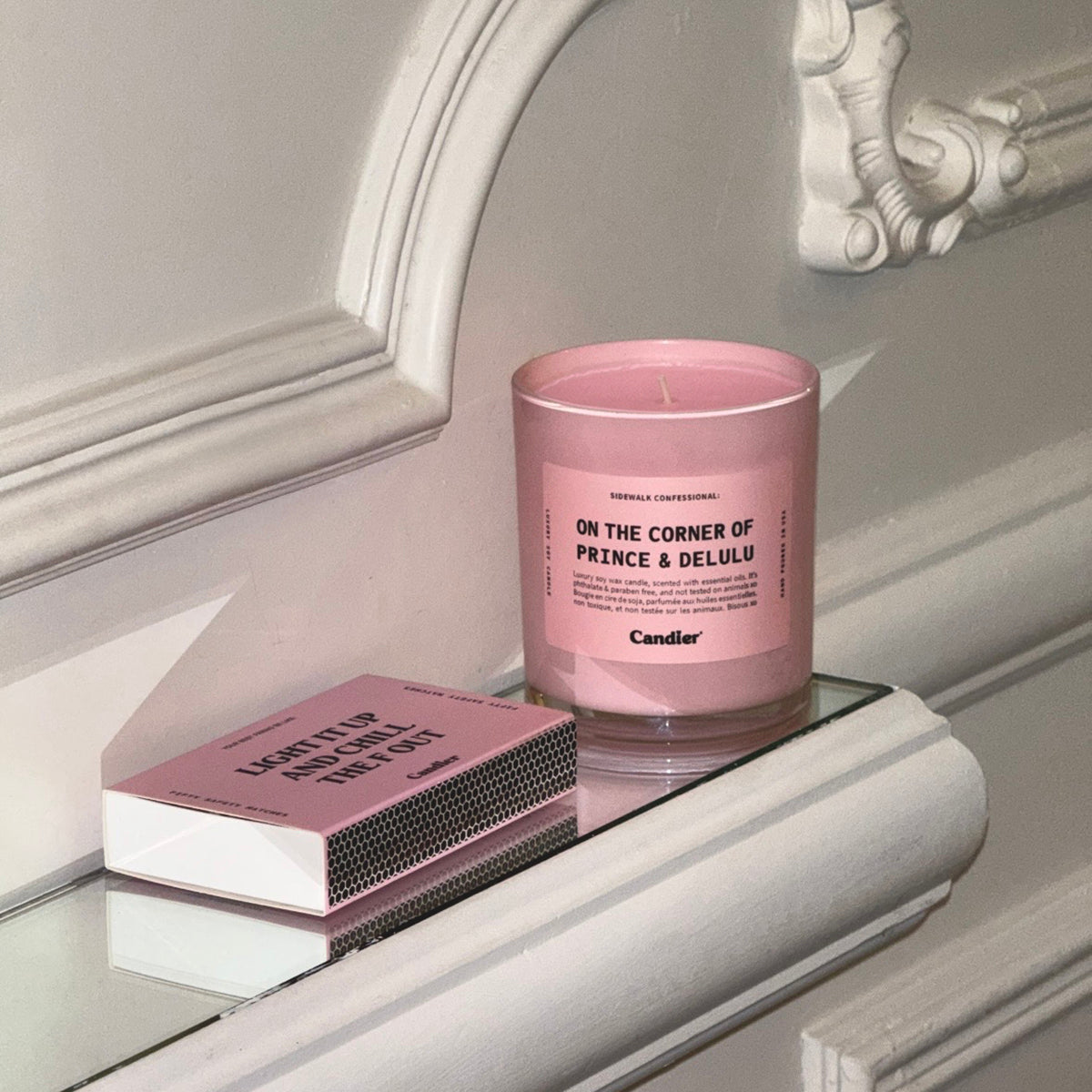 Candier On the Corner of Prince and Delulu candle lifestyle, cute candles and cute gifts for her with soft girl aesthetic