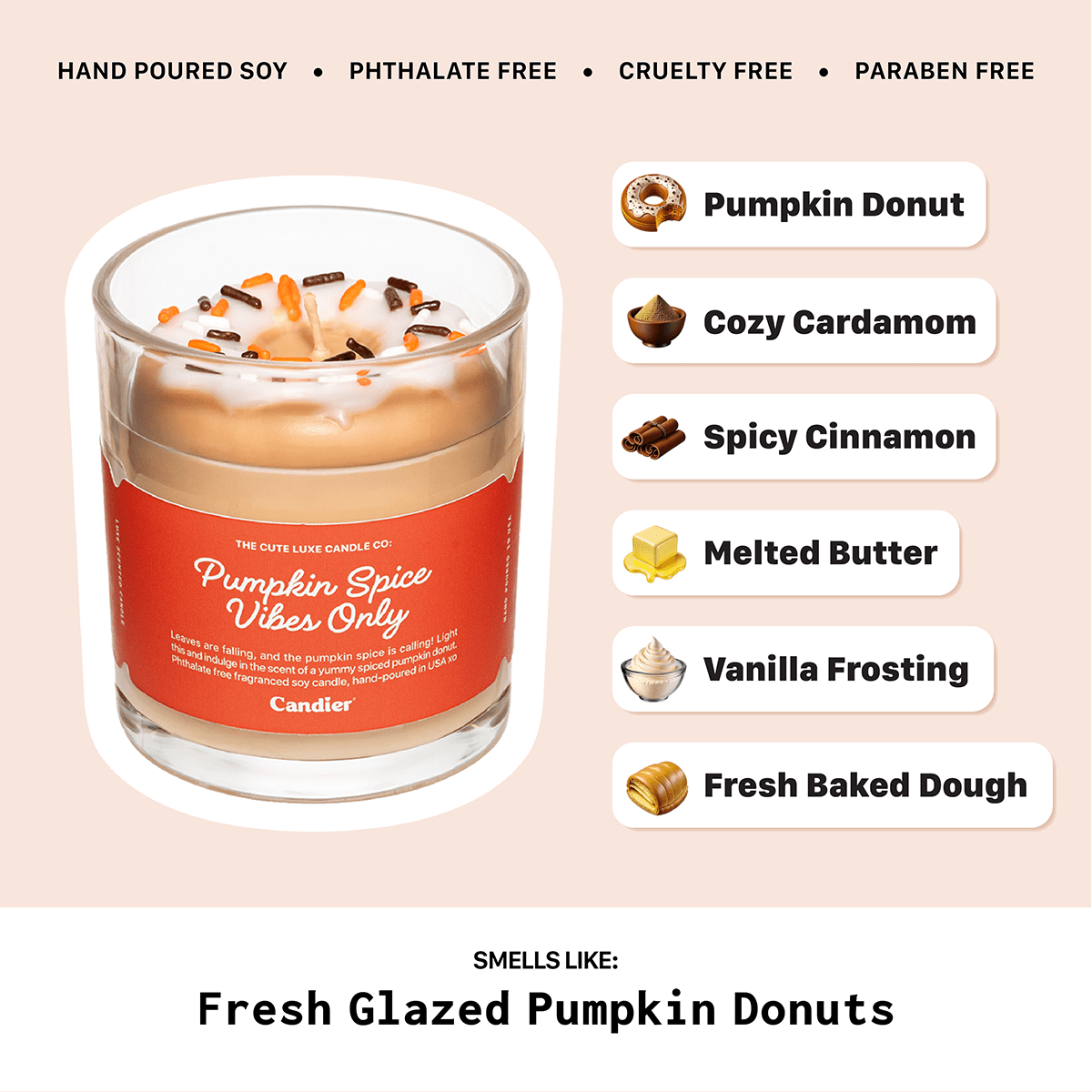 Candier pumpkin spice vibes only candle scent profile with pumpkin donut, cinnamon, butter, vanilla, and baked dough notes
