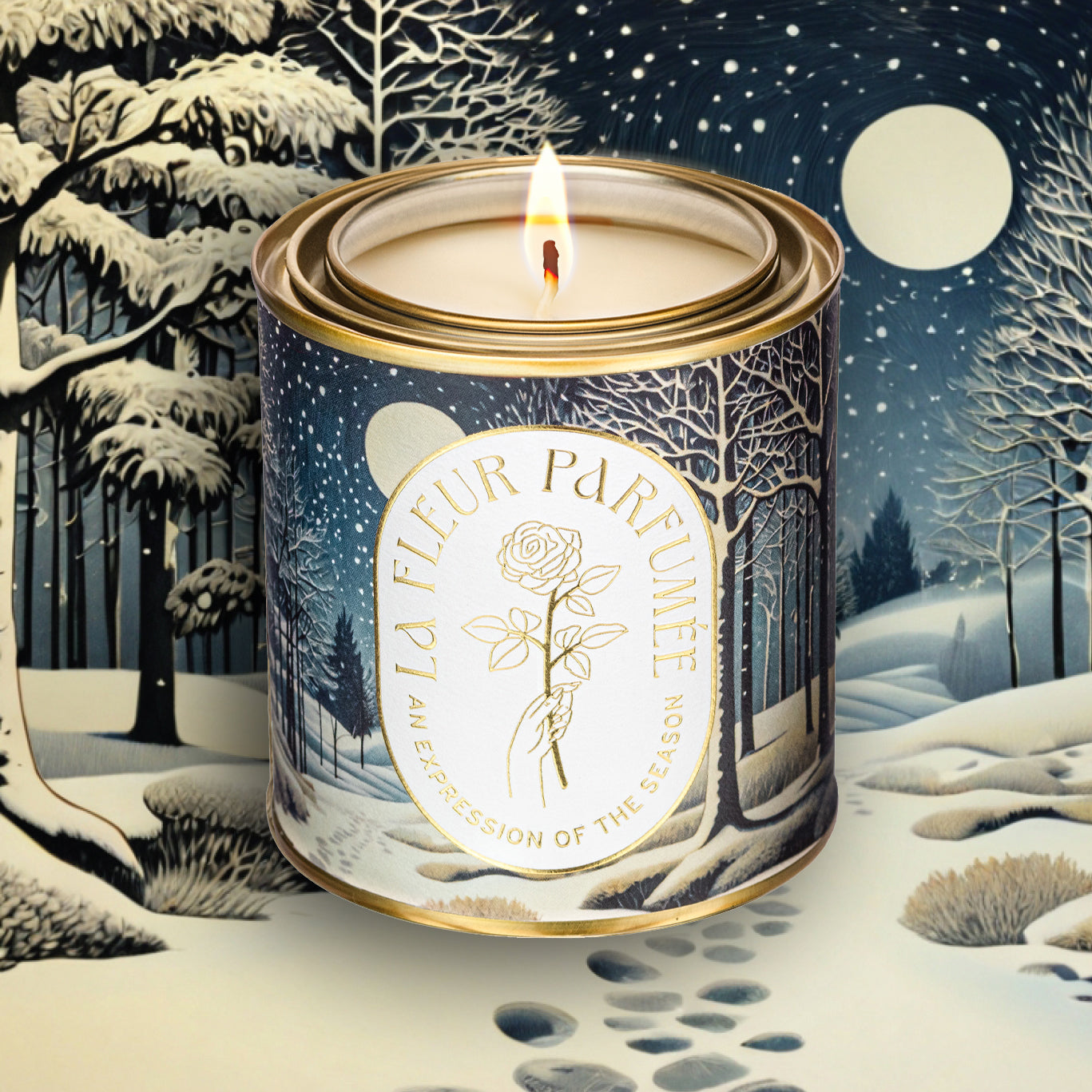 Lifestyle shot of Candier Winter Solstice holiday candle—cozy snowed in candle; perfect christmas gifts for friends or gift suggestions for Hanukkah.