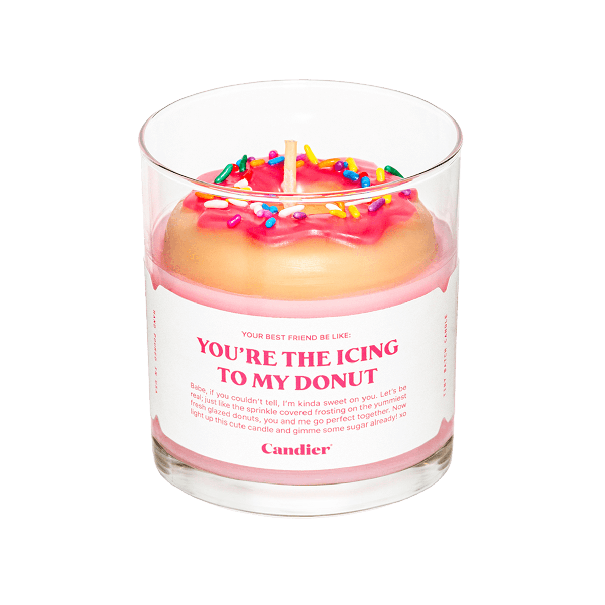 Candier You’re the Icing to My Donut candle featuring a realistic strawberry glazed donut wax top with rainbow sprinkles in a pink luxury dessert candle jar