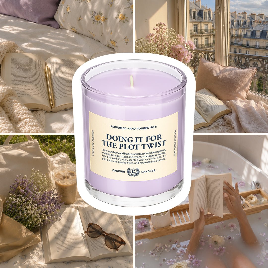 Cute college dorm candle with lavender wax styled in a preppy dorm room
