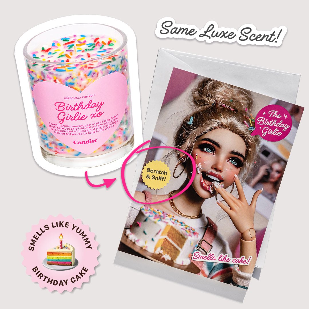 Best friend birthday cards​ scratch-and-sniff card with Candier candle birthday cake vanilla scent candle and retro doll, highlighting the matching Candier fragrance.