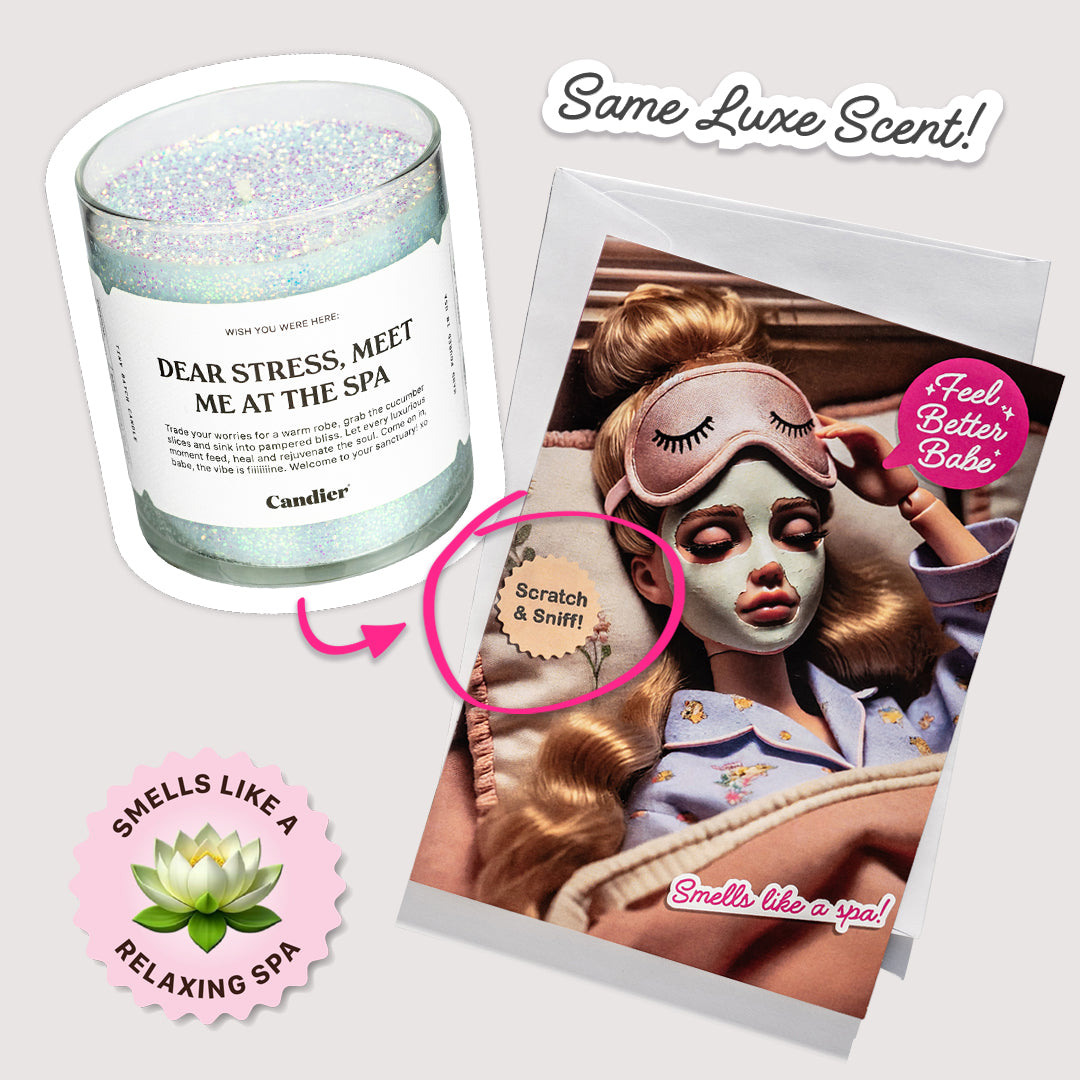 Flat lay of Candier’s funny get well card next to matching spa luxury candle. Unique greeting card gift for her