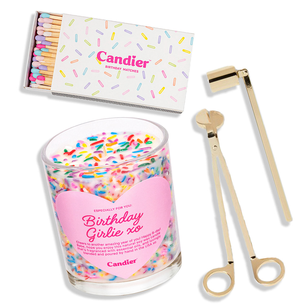 Candier® birthday candle gift bundle with soft girl sprinkle candle, wick trimmer, snuffer, and pink safety matches. Cute luxury birthday gift for her.