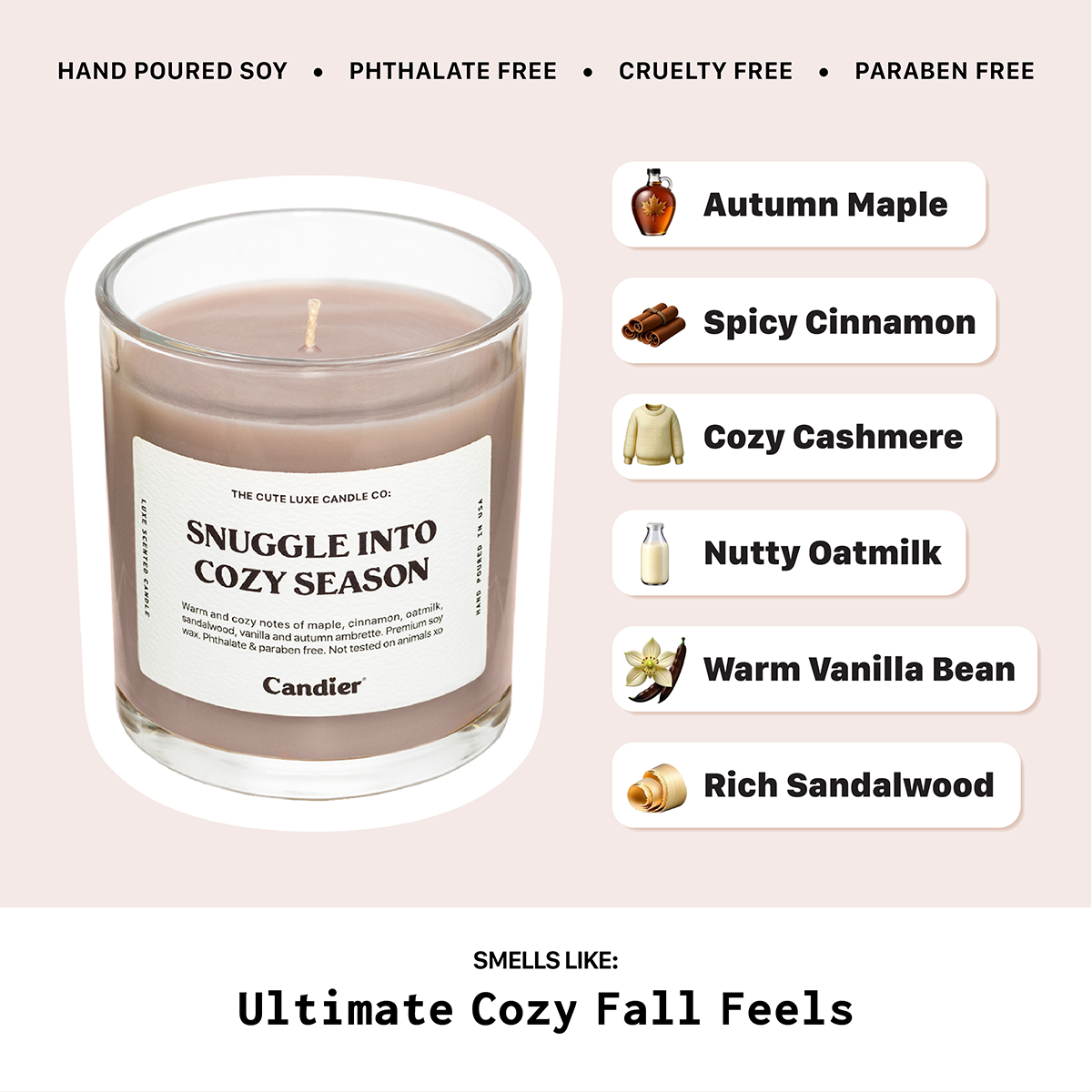 Snuggle Into Cozy Season by Candier, one of the best candle brands for fall scented candles with cozy notes like cashmere and vanilla bean.
