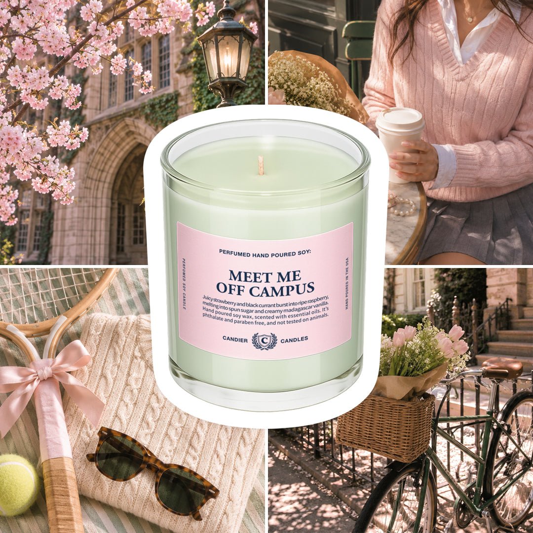 Meet Me Off Campus candle styled with preppy campus decor, a cute gift for college girls