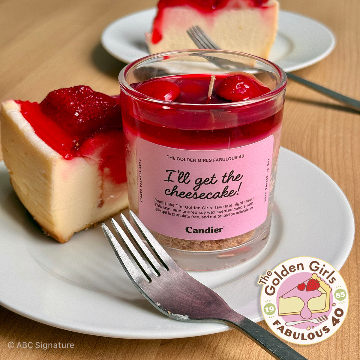 Golden Girls merchandise candle with st slice — Pretty candles that double as dessert candles and food scented candles. Cute candles from one of the best candle brands. strawberry shortcake
