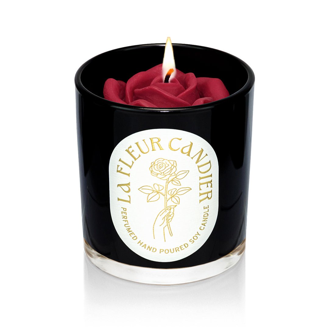 Luxury flower candle by Candier with red rose wax in black glass, a romantic rose candle and cute candle gift for her with soft girl aesthetic