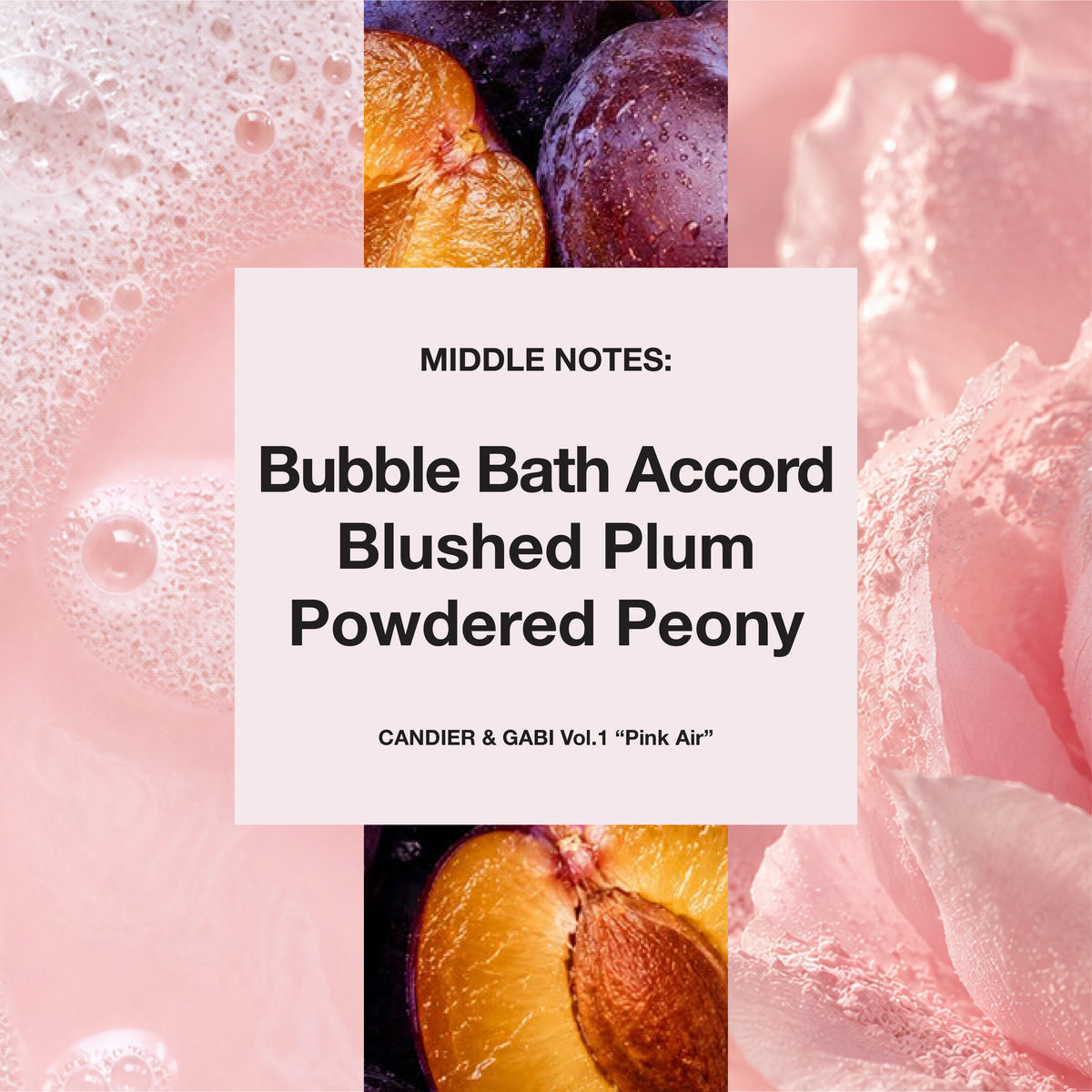 Pink Air fruity floral perfume heart notes: Bubble Bath Accord, Blushed Plum and Powdered Peony.