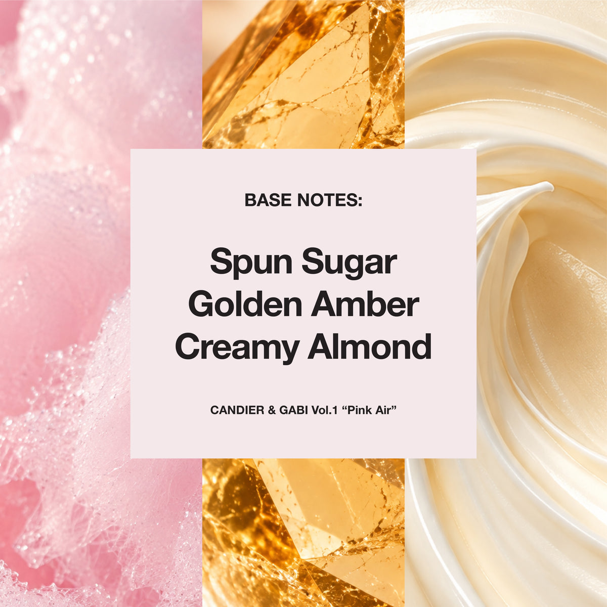 Pink Air perfume base notes: Spun Sugar, Golden Amber and Creamy Almond, against pink, amber and cream textures.