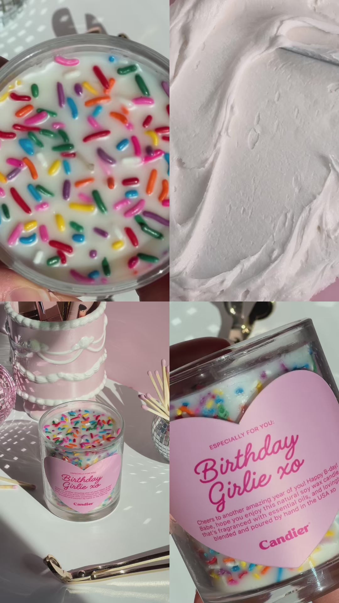 Cute video of Candier candle Birthday Girlie. Luxury soy wax candle with colorful festive party sprinkles and vanilla scent. An adorable birthday cake candle gift perfect for celebrating BFFs, sisters, or yourself! Cute pink funny candle with a sweet gourmand fragrance, best gifts for teen girls​ made in USA