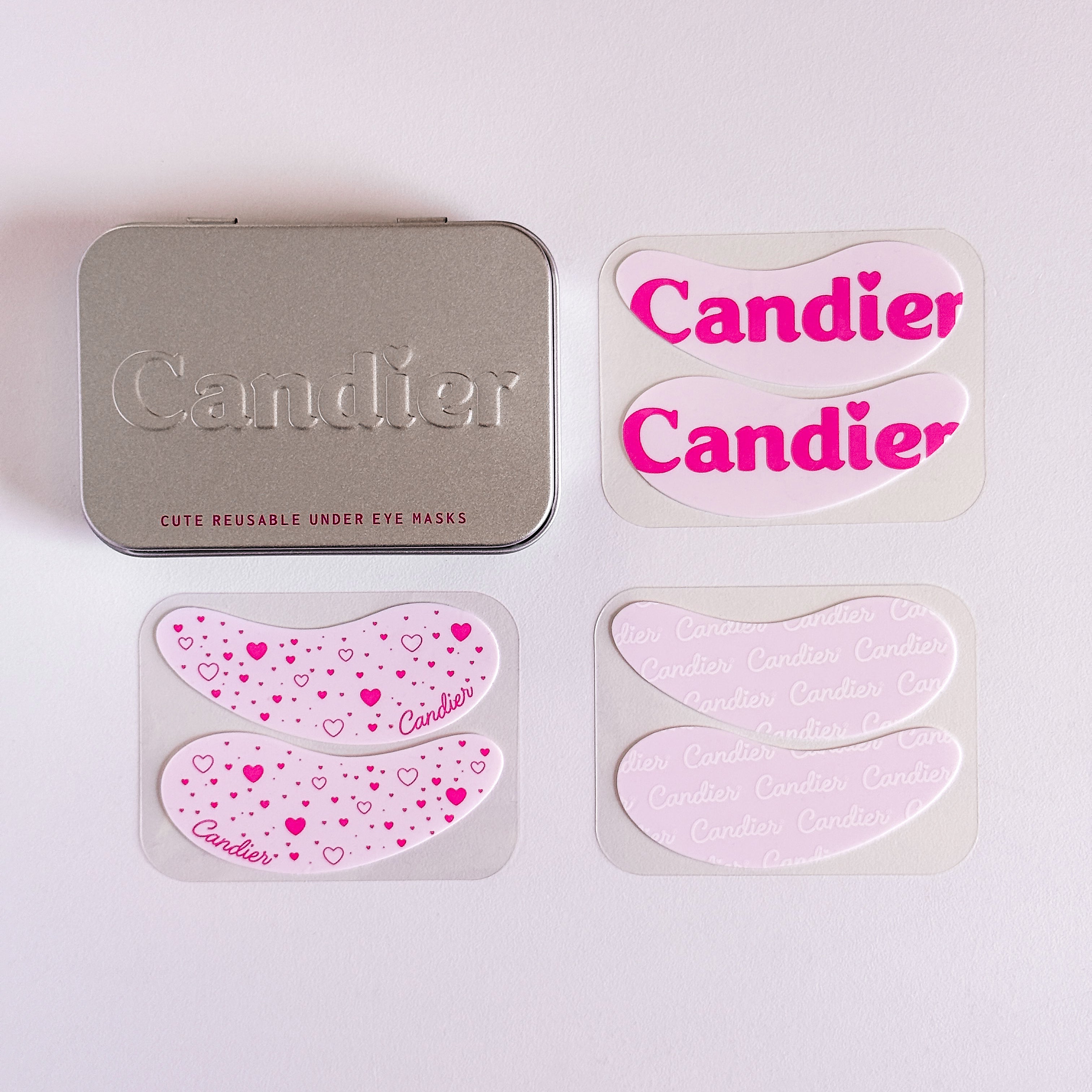 Cute reusable under eye patches in silver Candier tin with 3 pink silicone designs – hearts, Candier logo, and script text