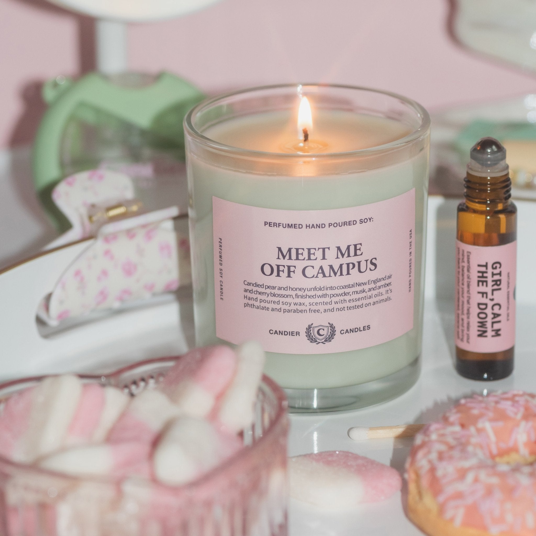 Meet Me Off Campus candle styled as feminine dorm room decor, a cute sorority gift for college girls