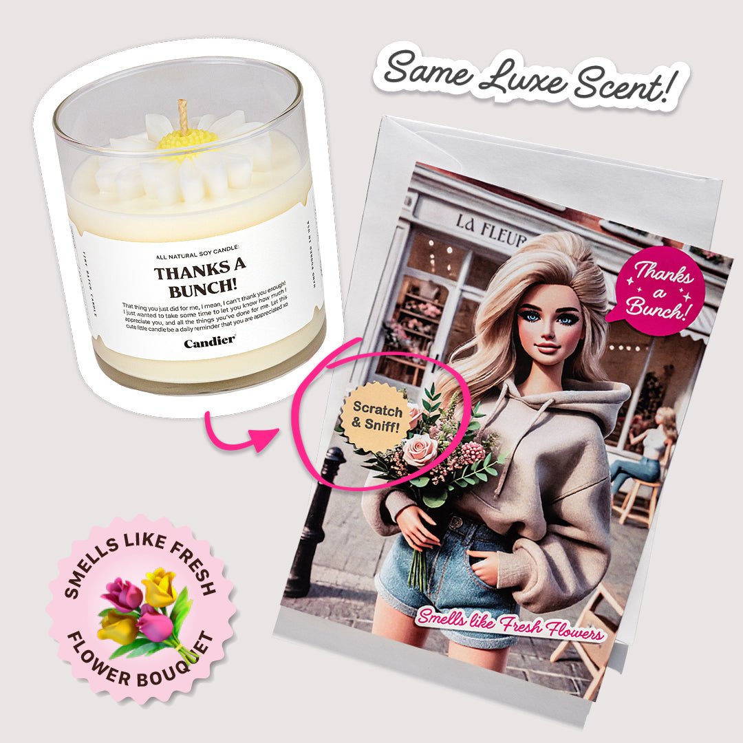 Thanks A Bunch Candier candle next to matching scratch and sniff thank you card with floral fragrance