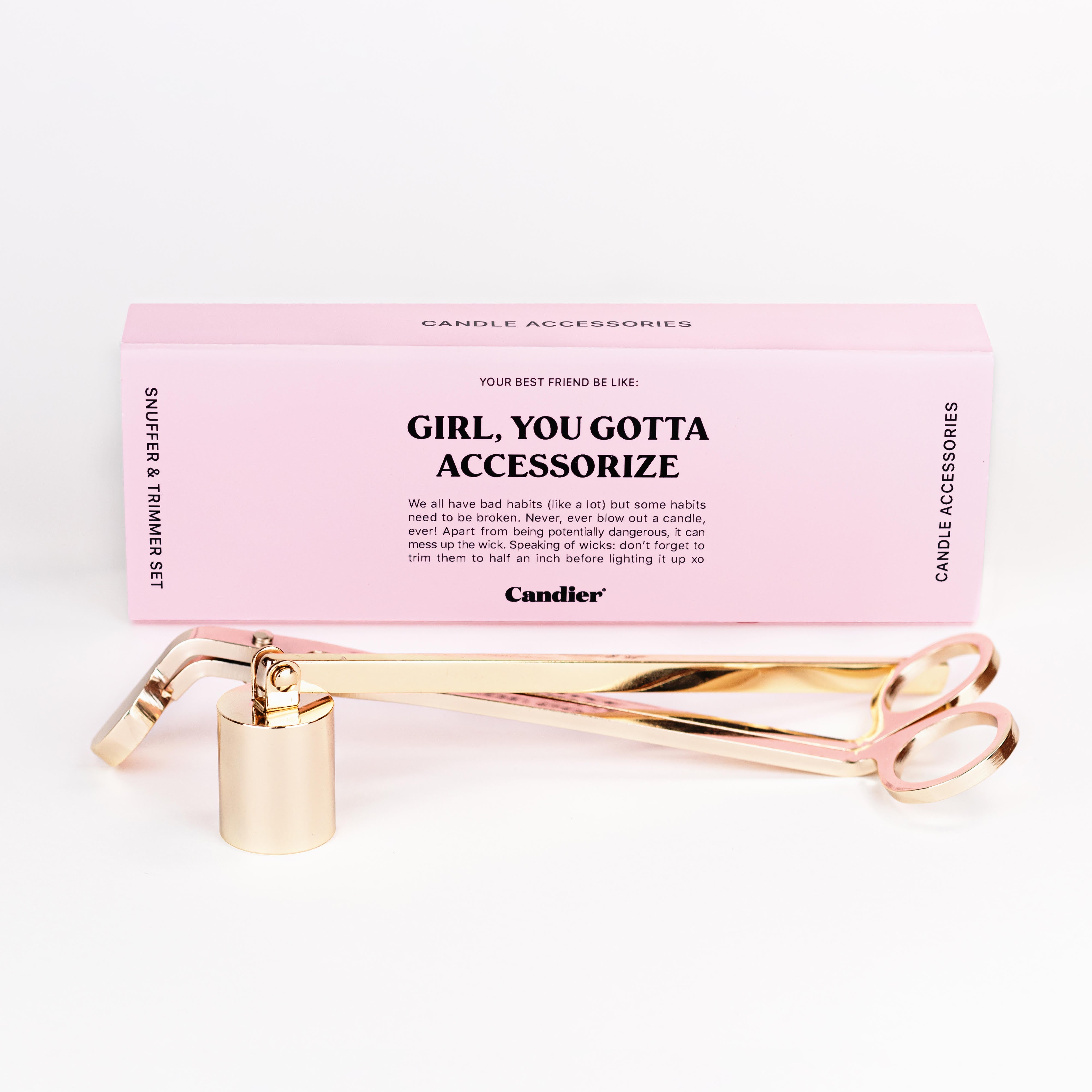cute gold candle wick trimmer and shuffer set in a pink box